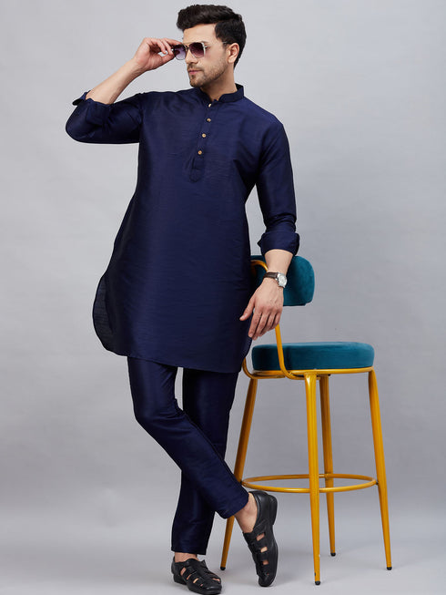 Vastramay Men's Navy Blue Silk Blend Curved Kurta Pant Set