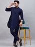 Vastramay Men's Navy Blue Silk Blend Curved Kurta Pant Set