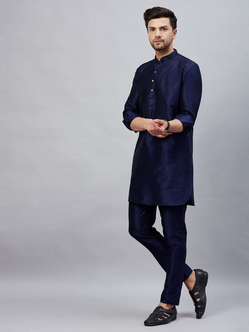 Vastramay Men's Navy Blue Silk Blend Curved Kurta Pant Set