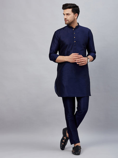 Vastramay Men's Navy Blue Silk Blend Curved Kurta Pant Set