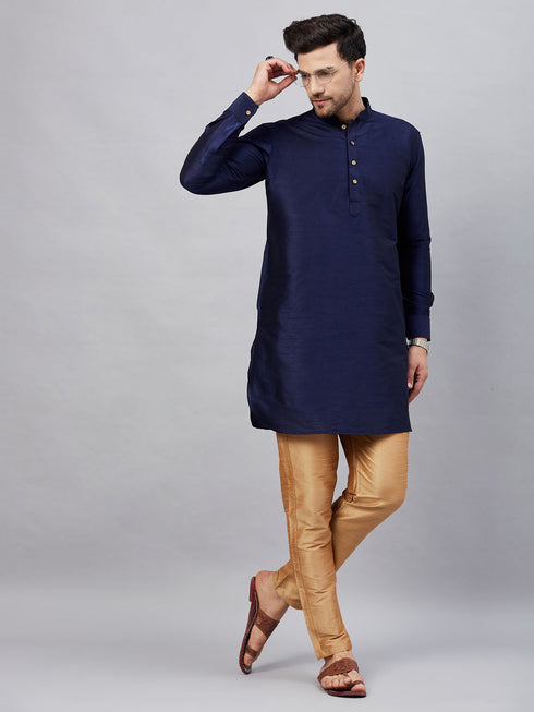 Vastramay Men's Navy Blue Silk Blend Curved Kurta Pant Set
