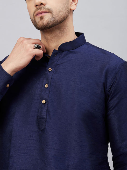 Vastramay Men's Navy Blue Silk Blend Curved Kurta Pant Set