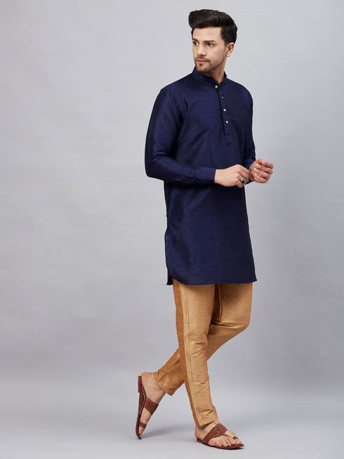 Vastramay Men's Navy Blue Silk Blend Curved Kurta Pant Set