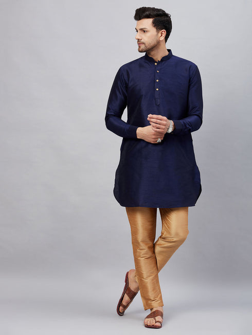 Vastramay Men's Navy Blue Silk Blend Curved Kurta Pant Set