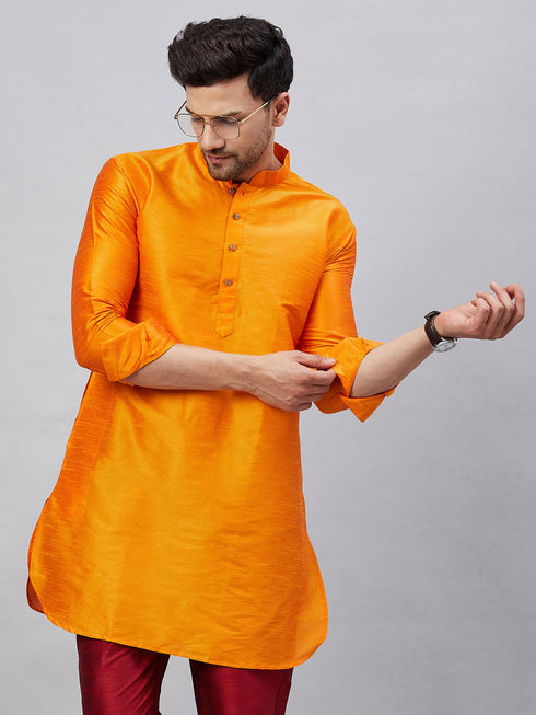 Vastramay Vastramay Men's Orange Silk Blend Curved Kurta