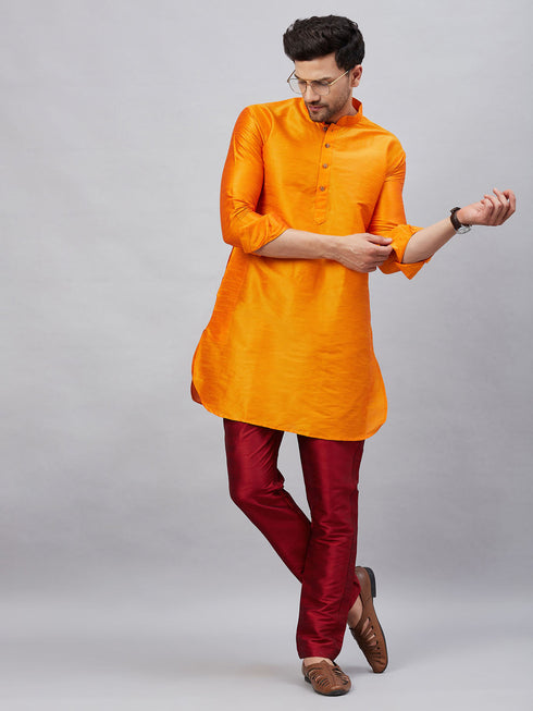 Vastramay Men's Orange Silk Blend Curved Kurta Pant Set