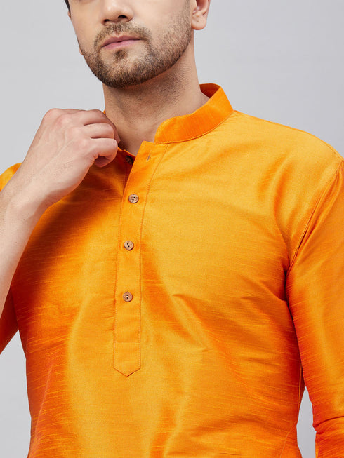 Vastramay Men's Orange Silk Blend Curved Kurta Pant Set
