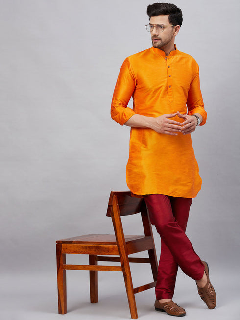 Vastramay Men's Orange Silk Blend Curved Kurta Pant Set