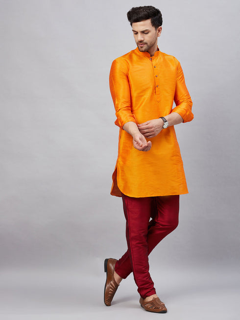 Vastramay Men's Orange Silk Blend Curved Kurta Pant Set