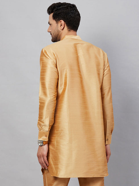 Vastramay Men's Rose Gold Silk Blend Curved Kurta
