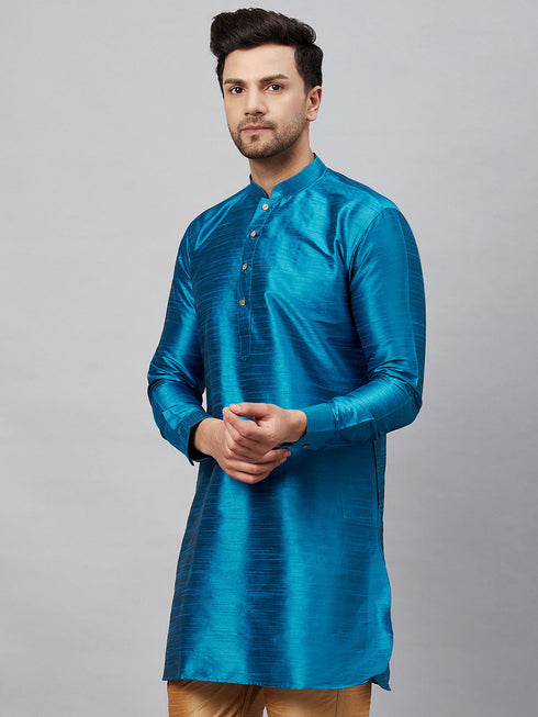 Vastramay Vastramay Men's Turquoise Silk Blend Curved Kurta