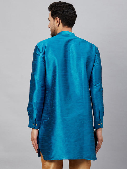 Vastramay Vastramay Men's Turquoise Silk Blend Curved Kurta