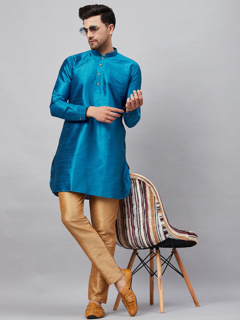 Vastramay Vastramay Men's Turquoise Silk Blend Curved Kurta
