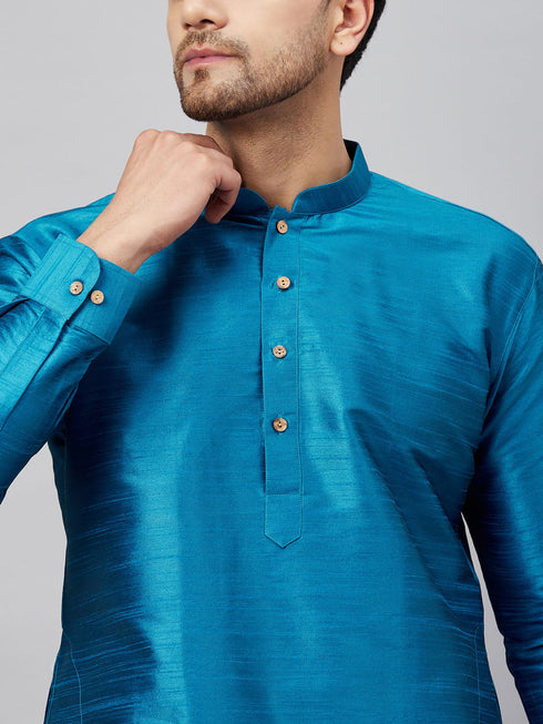Vastramay Men's Turquoise Blue Silk Blend Curved Kurta Pant Set