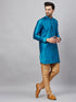 Vastramay Men's Turquoise Blue Silk Blend Curved Kurta Pant Set
