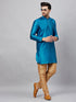 Vastramay Men's Turquoise Blue Silk Blend Curved Kurta Pant Set