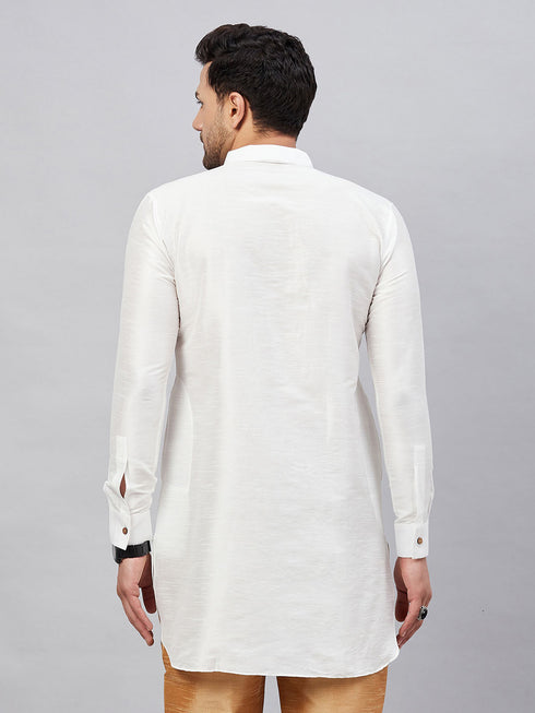 Vastramay Vastramay Men's White Silk Blend Curved Kurta