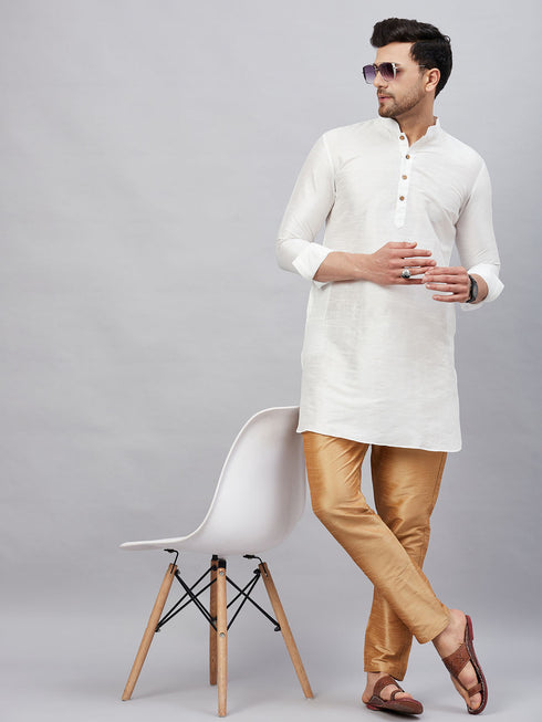 Vastramay Vastramay Men's White Silk Blend Curved Kurta