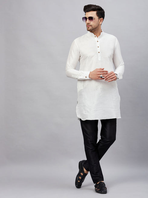 Vastramay Men's White Silk Blend Curved Kurta Pant Set