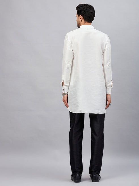 Vastramay Men's White Silk Blend Curved Kurta Pant Set