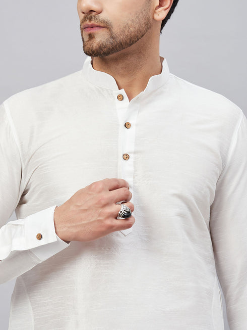 Vastramay Men's White Silk Blend Curved Kurta Pant Set