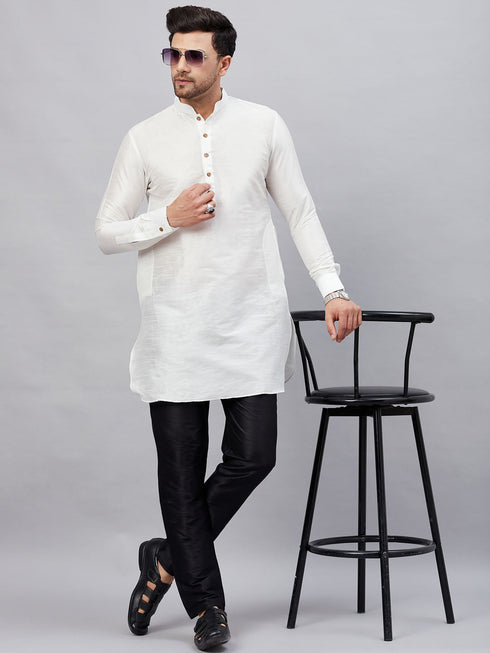 Vastramay Men's White Silk Blend Curved Kurta Pant Set
