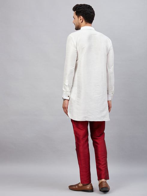Vastramay Men's White Silk Blend Curved Kurta Pant Set