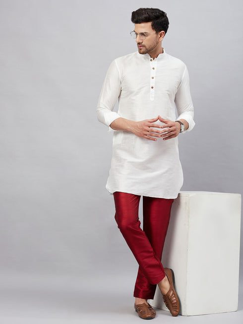 Vastramay Men's White Silk Blend Curved Kurta Pant Set