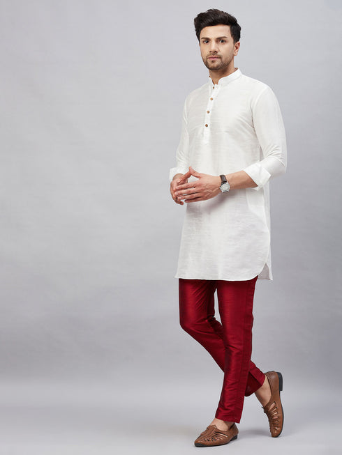 Vastramay Men's White Silk Blend Curved Kurta Pant Set