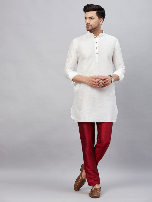 Vastramay Men's White Silk Blend Curved Kurta Pant Set