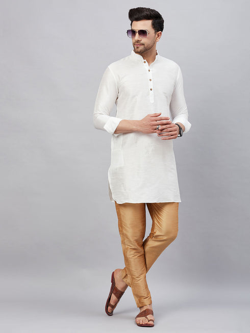 Vastramay Men's White Silk Blend Curved Kurta Pant Set
