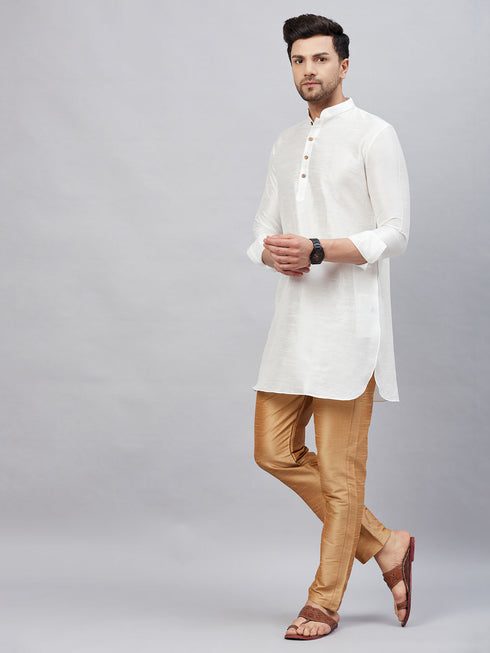 Vastramay Men's White Silk Blend Curved Kurta Pant Set