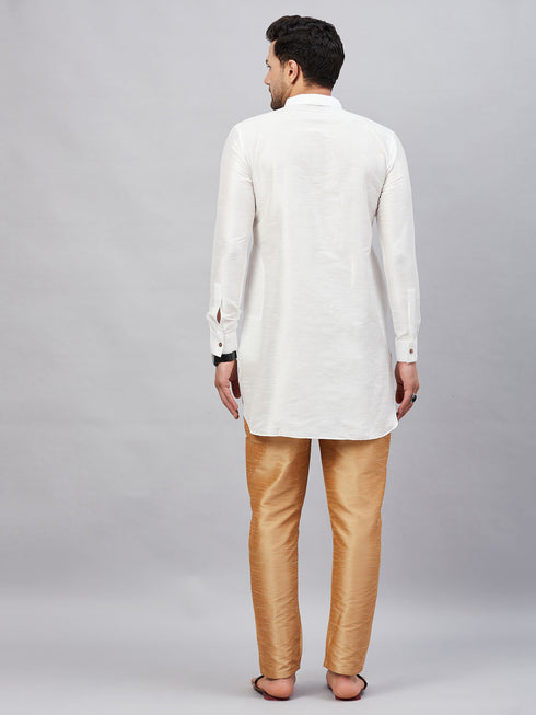 Vastramay Men's White Silk Blend Curved Kurta Pant Set