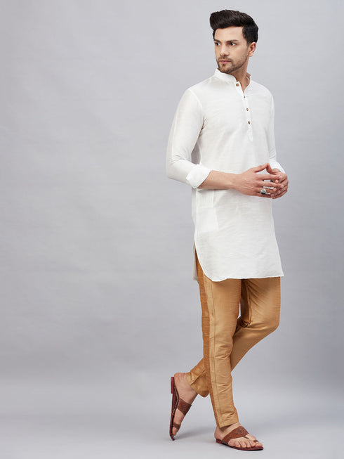 Vastramay Men's White Silk Blend Curved Kurta Pant Set