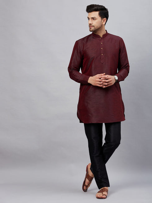 Vastramay Men's Wine Silk Blend Curved Kurta Pant Set