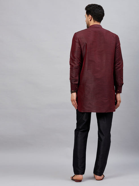 Vastramay Men's Wine Silk Blend Curved Kurta Pant Set