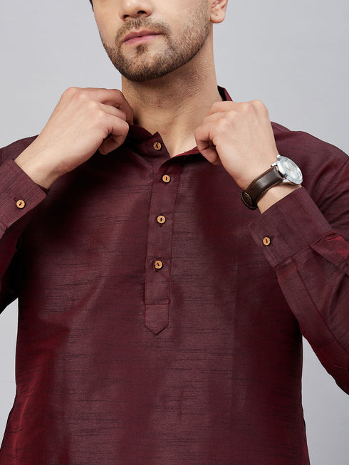 Vastramay Men's Wine Silk Blend Curved Kurta Pant Set