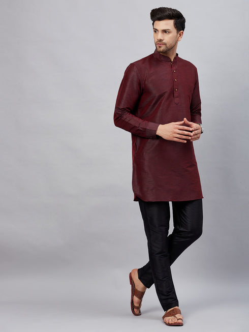 Vastramay Men's Wine Silk Blend Curved Kurta Pant Set