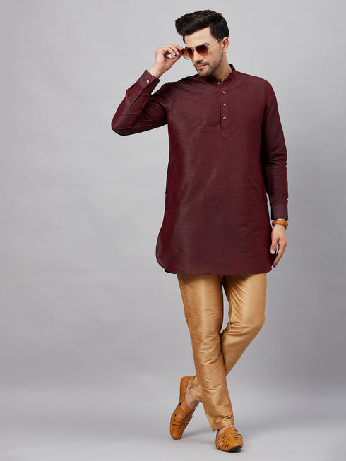 Vastramay Men's Wine Silk Blend Curved Kurta Pant Set
