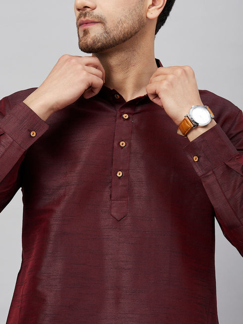 Vastramay Men's Wine Silk Blend Curved Kurta Pant Set