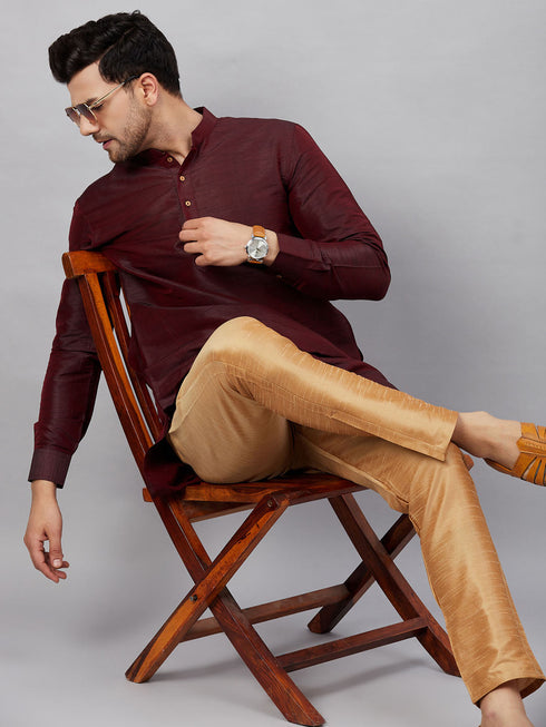 Vastramay Men's Wine Silk Blend Curved Kurta Pant Set