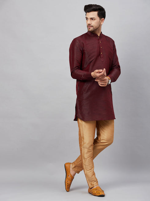 Vastramay Men's Wine Silk Blend Curved Kurta Pant Set