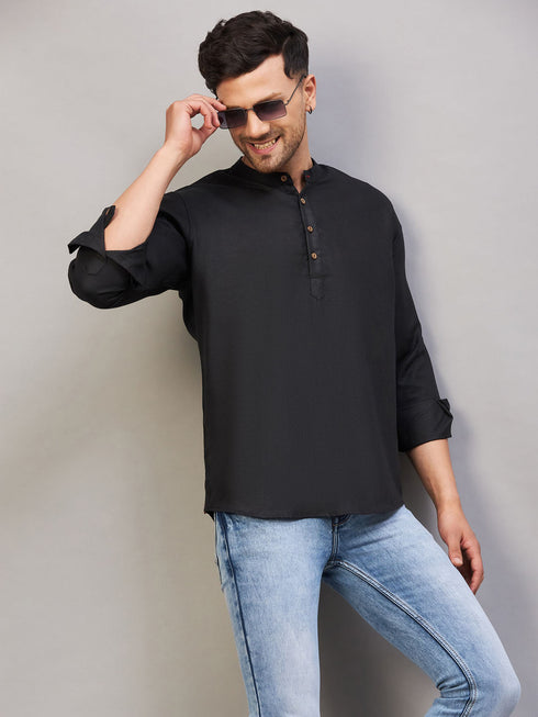 Vastramay Men's Black Short Cotton Kurta