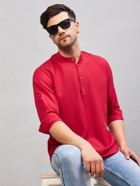 Vastramay Men's Maroon Short Cotton Kurta