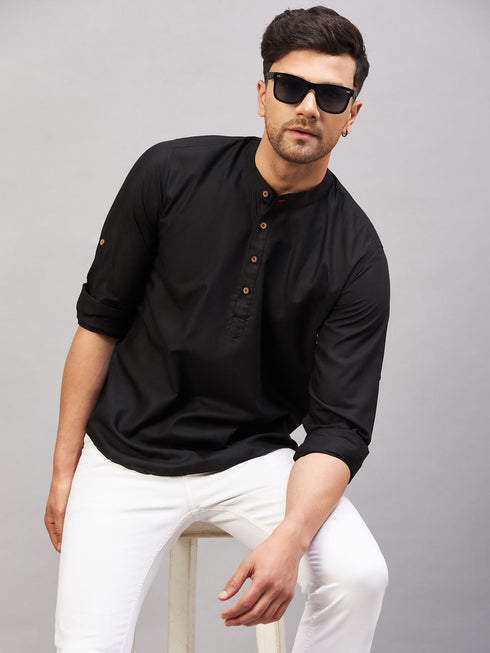 Vastramay Men's Black Short Cotton Kurta