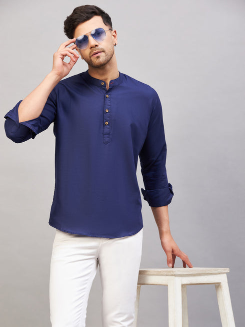 Vastramay Men's Blue Short Cotton Kurta
