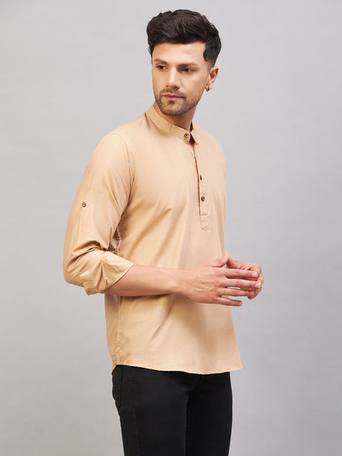 Vastramay Men's Chiku Brown Short Cotton Kurta
