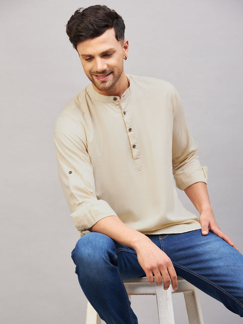 Vastramay Men's Light Green Short Cotton Kurta