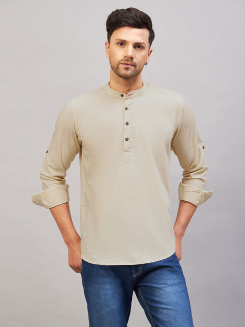 Vastramay Men's Light Green Short Cotton Kurta
