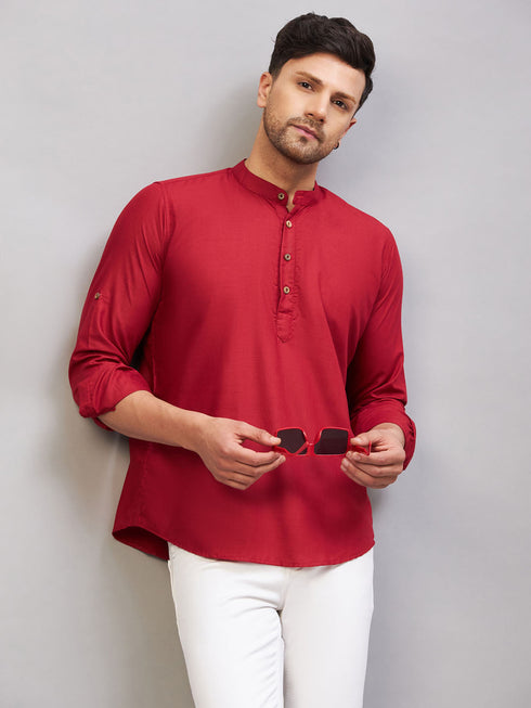 Vastramay Men's Maroon Short Cotton Kurta